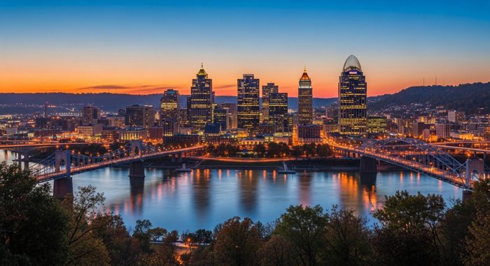 Cincinnati riverfront skyline at dusk